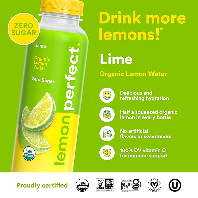 Lemon Perfect Lime, Flavored Lemon Water, Organic, Zero Sugar, Healthy Hydration Drinks, 15.2 fl oz Bottles (12-Pack)