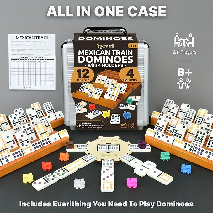 Mexican Train Dominoes Set with 4 Holders - Dominoes Double 12 with Wooden Hub and Tiles Holders - Double 12 Dominos Set for Family Game Night for Adults and Kids Ages 8 and up (D12 + 4 Holders)