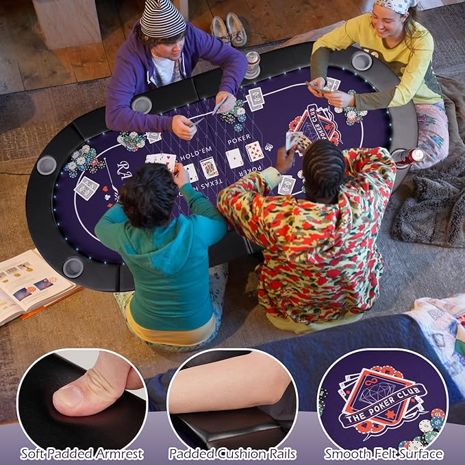 71" LED Poker Table - 8 Player Foldable Texas Hold'em Table with Built-in LED Lights, Padded Rails & 8 Cup Holders, Portable Casino Card Table for Home Game Room & Parties