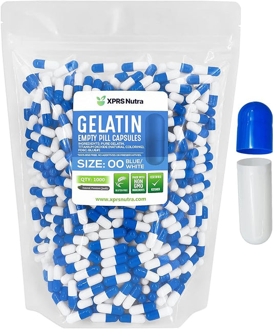 XPRS Nutra Size 00 Empty Capsules - 1000 Count Empty Gelatin Capsules - Pills DIY Capsule Filling - Fillable Pill Gel Caps for Do-It-Yourself Supplements (Blue/White)