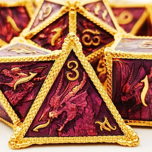 HAOMEJA DND Dice Metal Dragon Set Dice 7 Role Playing Dice D&D Solid Dice Dungeons and Dragons (Gold Purple)