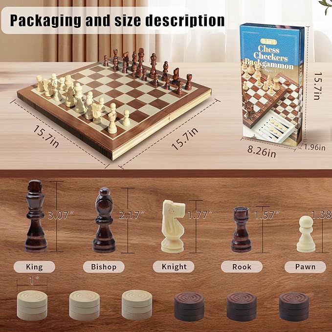 15.7 Inch Backgammon Sets, 3 in 1 Premium Wooden Game Sets,Including Checkers, Chess, and Backgammon for Adults and Kids