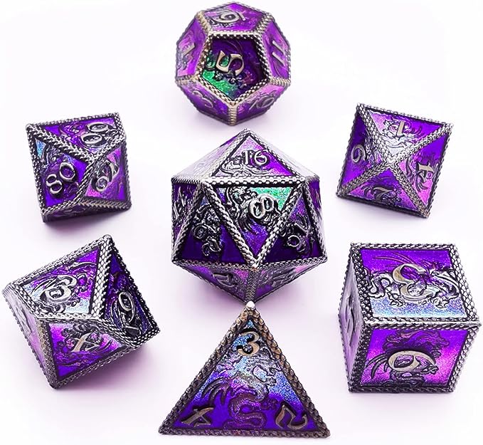 HAOMEJA Dungeons and Dragons Dice Set - Metal 6 Sided Polyhedral Dice for Pathfinder, MTG, Board Games (D20, D12, D10, D8, D6, D4) - Silver, Blue, Purple