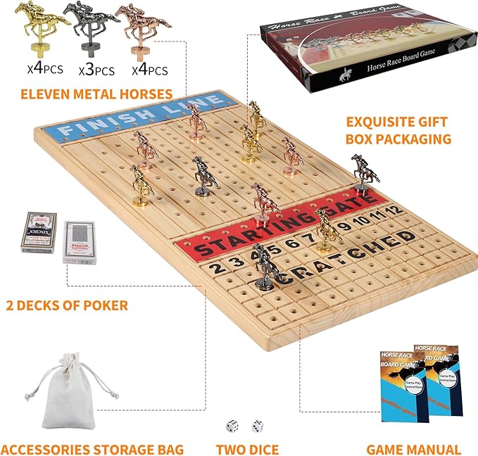 Large 21 inches Horse Racing Board Game Thickened Solid Wood with 11 Luxurious Durable Classic Metal Horses Including Dice and Cards Finish LINE Race Game Board Racing Game Set (Large, Log)