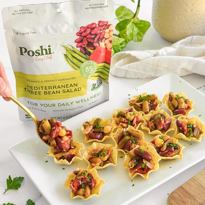 POSHI Mediterranean Three Bean Salad Natural, Keto, Vegan, Non GMO, Low Carb + Calorie, Gluten Free, Ready to Eat, Fully Cooked Vegetables, Pentry Food, Gourmet, Healthy, Travel Food 6 Pack, 4.4 oz