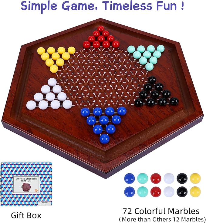 14 inches Wooden Chinese Checkers Set, 60+12 Colorful Glass Marbles in 6 Colors, Classic Strategy Games for Adults Kids and Seniors, Fun for Whole Family Board Game (Up to 6 Players)