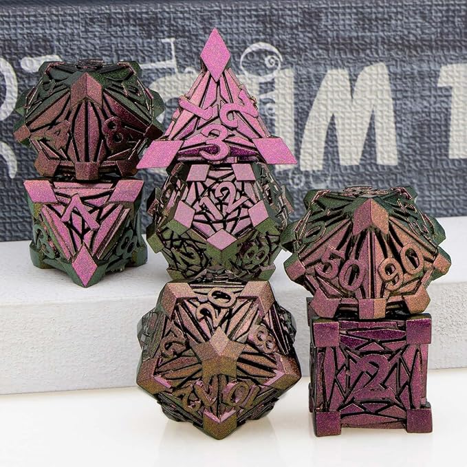 7PCS Metal DND Dice Set with Box, Debris RPG Purple Red D and D Dice for use with D&D Tabletop Games Role Playing Game Polyhedral Dice Set D20 D12 D10 D8 D6 D4