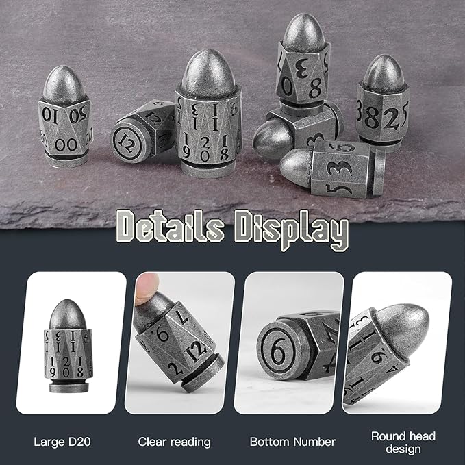 Dice Set PCCECQEE Bullet Dice,Metal D&D Dice for Dungeons and Dragons,7Piece for Role Playing Game (Antique Sliver)