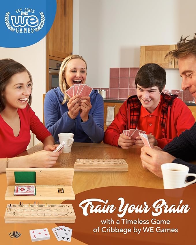 WE Games Wooden Cribbage Board Game Set, Continuous 3 Track for 2-3 Players, Travel Cribbage Board with Card Storage, Includes 9 Metal Pegs & Deck of Cards, Card Games, Classic Board Games for Adults