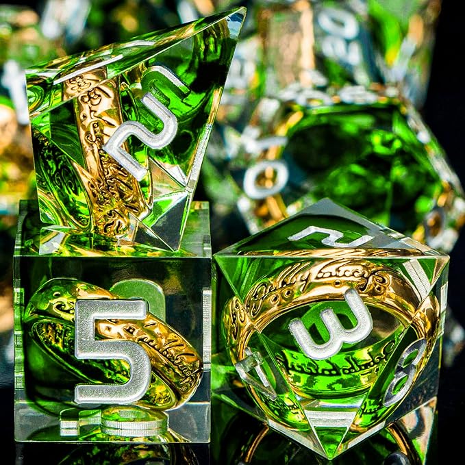 Magic Golden Ring DND Dice Set with Case, Green Resin Sharp Edge D and D Dice for use with D&D Tabletop Games Lord Handmade Polyhedral Dice Set D20 D12 D10 D8 D6 D4