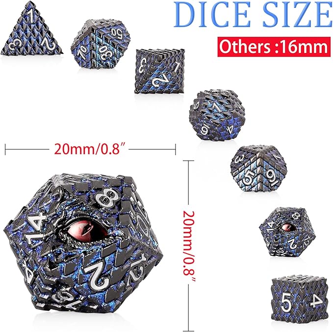 Metal Dice Set D&D,7 PCS Dragon Scale Metallic DND Dice Set,Dragon Eye Metal Dice with Gift Metal Box for Dungeons and Dragon Tabletop Game (Glitter Blue Dragon Scale & Red Eye)
