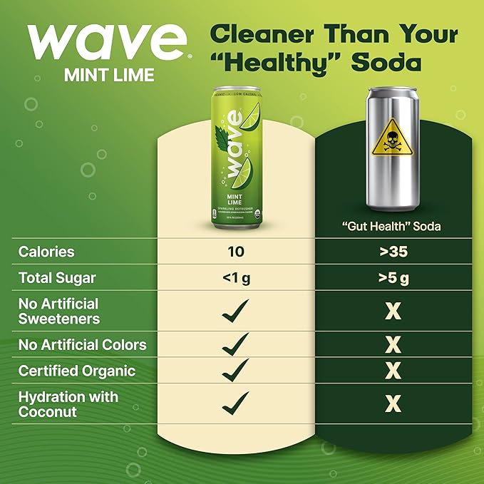 WAVE Sparkling Refreshers | Sparkling Juice | Organic Hydration | Low Calorie Drink | Lightly Carbonated Soda Alternative | No Added Sugar, Preservatives or Artificial Ingredients | Mint Lime | 12 Pk