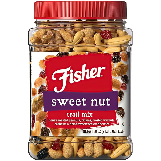 Fisher Snack Sweet Nut Bulk Trail Mix, 38 oz (Pack of 1), Honey Roasted Peanuts, Raisins, Frosted Walnuts, Cashews, Dried Sweetened Cranberries, Healthy Snacks for Adults & Kids, Dried Fruit, Trail Mix Snacks