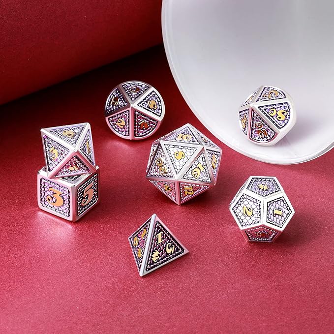 DNDND Metal DND Game Dice, 7 Die Dragon Scale Metallic D&D Dice with Velvet Pouch for Gungeons and Dragons (Lilac with Silver Edge)