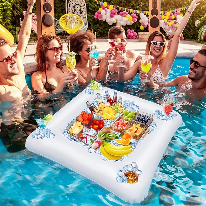 Floating Pool Game Table with Playing Cards - Inflatable Pool Party Tray Float with Foldable Chess Board - Mostop Floating Card Game Table - Pool Float Food Drink Holder for Hot Tub Beach Summer Party