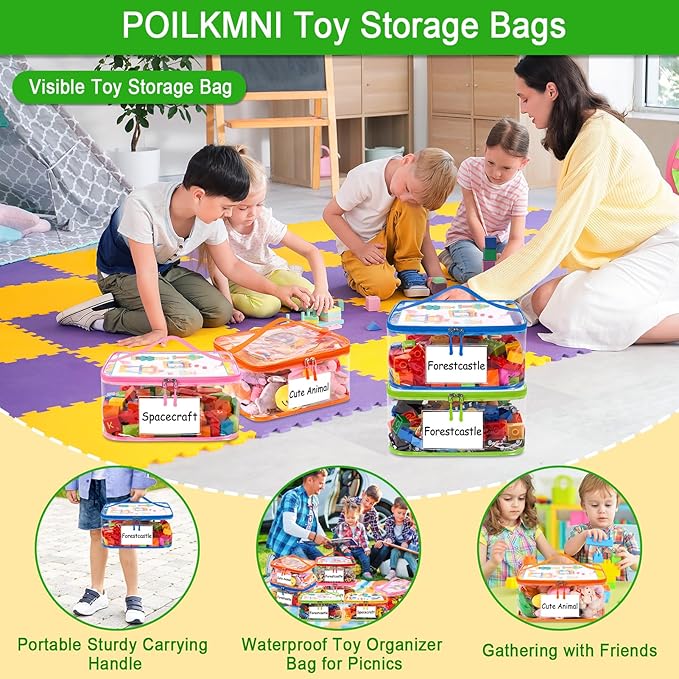 Upgraded 6 Pack Clear Toy Storage Bag - with Name Tag Manual Pocket, Transparent PVC Toy Organizer Case with Zipper for Board Game, Building Block, Puzzle, Large Capacity for Kids Ages 6+ (Colorful)