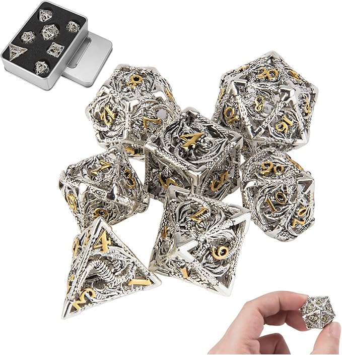 DND Dice,Hollow D&D Metal Dice,Dungeons and Dragons Dice Set with Gift Box,7 PCs Steampunk Polyhedral Dice Games Set for RPG,MTG,Pathfinder,(Dragon Silver Golden)