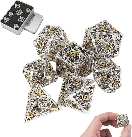 DND Dice,Hollow D&D Metal Dice,Dungeons and Dragons Dice Set with Gift Box,7 PCs Steampunk Polyhedral Dice Games Set for RPG,MTG,Pathfinder,(Dragon Silver Golden)