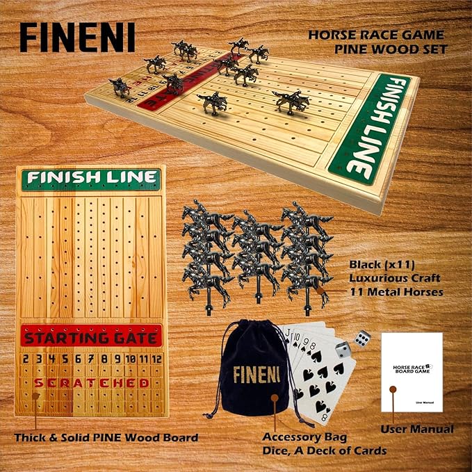 Horse Racing Board Game with Luxurious Durable Metal Horses, 11 Pieces, Black, Real Pine Wood Horseracing Game Board, Dice and Cards