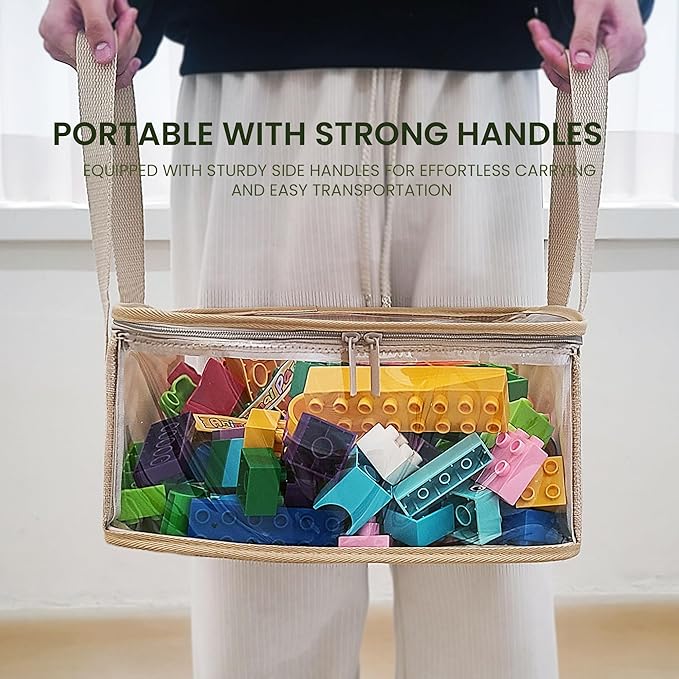 holay 2 Pack Storage Bins PVC Boxes with Transparent Lid & Handles - Durable & Foldable - Multi-Purpose Organizer for Clothes, Books, and More (Brown, Medium)