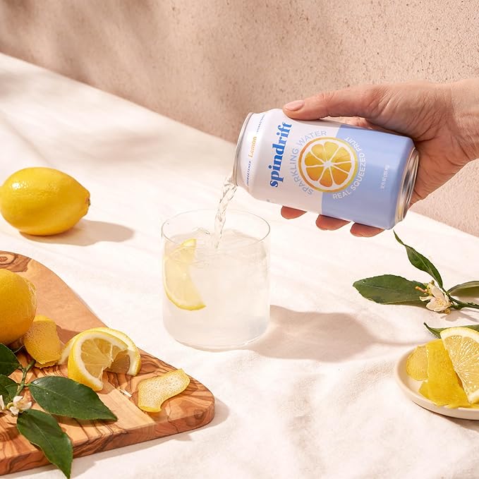 Spindrift Sparkling Water, Lemon Flavored, Made with Real Squeezed Fruit, 12 Fl Oz Cans, Pack of 24 (Only 3 Calories per Can)