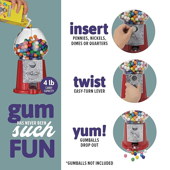 Gumball Machine - 12 Inch Candy Dispenser for 0.62 Inch Bubble Gum Ball and More - Vintage Heavy Duty Red Metal with Large Glass Ball- Easy Twist-Off Refill - Free or Coin Operated - by The Candery