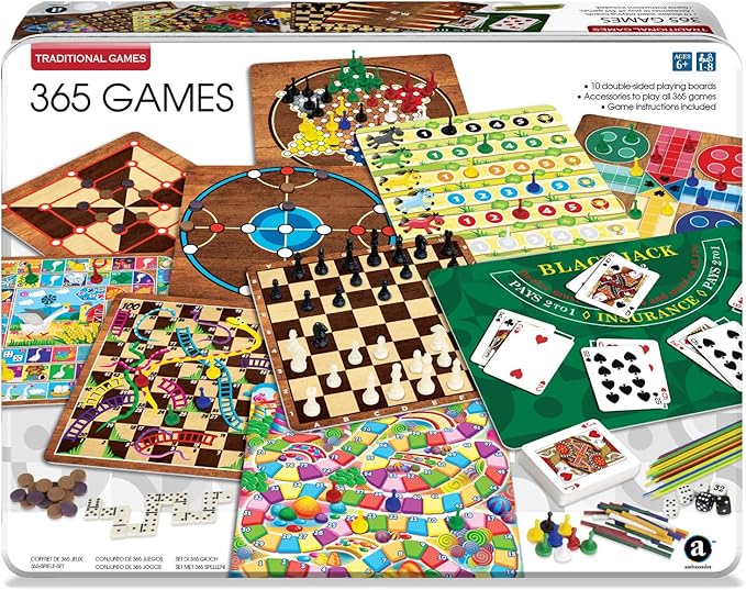 365 Games - Traditional Strategy Board & Card Games, Tin Storage Container, Game for Each Day of Year, Family, Ages 6+, 1-8 Players