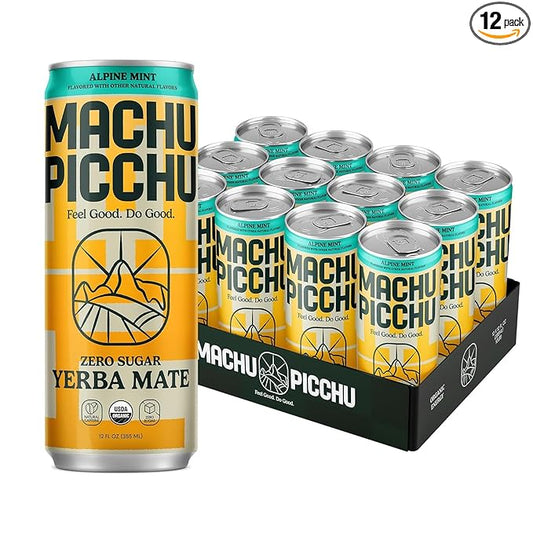 MACHU PICCHU ENERGY, Zero Sugar Yerba Mate, Clean Energy Drink Alternative, 12oz (Pack of 12) - 120mg Organic Green Coffee Bean Caffeine, Low Calorie, USDA Organic, No Artificial Flavors (Alpine Mint)