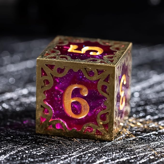 Cusdie 7-Piece Metal Frame Sharp Edges DND Dice Set with Metal Frame- Perfect for Tabletop RPGs Board Games Gifting and Collecting(Purple)
