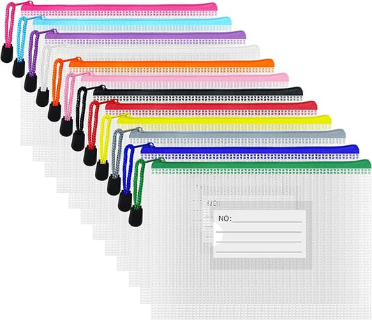 AUSTARK Plastic Mesh Zipper Pouch, 12Pcs Zipper File Bags with Label Pocket, Game Boards Storage Bags, Waterproof Document Storage Bags for Office Home Travel (B6 Size 7.6x5.3 in)