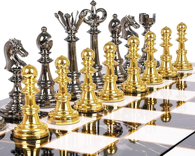 Metal Chess Set and Checkers Game Set 15 inch(2 in 1) Chess Board Games for Adults Kids Metal Chess Pieces & Portable Folding Wooden Chess Board Travel Chess Sets Metal Chess Pieces with Storage Box