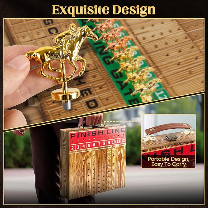 Horse Racing Game, Foldable Solid Wood Horse Games, Horse Race Board Game with 11 Metal Race Horses, Two Dice and Two Boxes of Cards, 2 in 1 Folding Horse Game Board (Folding Version)
