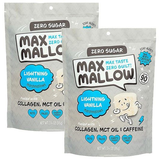 Max Mallow Sugar Free Marshmallows - Keto Friendly, Perfect for S'mores, Hot Chocolate, and Baking with Zero Sugar Snacks, Smores Mct Oil Zero Sugar Marshmellow Marshmallow Lightning Vanilla, 2 Pack