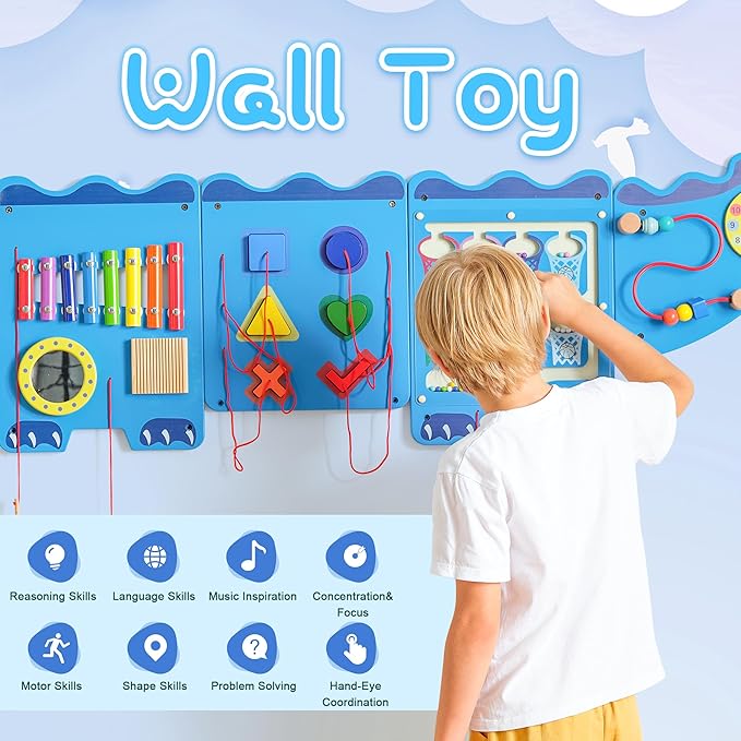Crocodile Sensory Toys Activity Wall Panels, Educational Montessori Busy Board for Toddlers, Activity Cube - Sensory Wall, Wooden Learning Toys, Interactive Toy, Blue