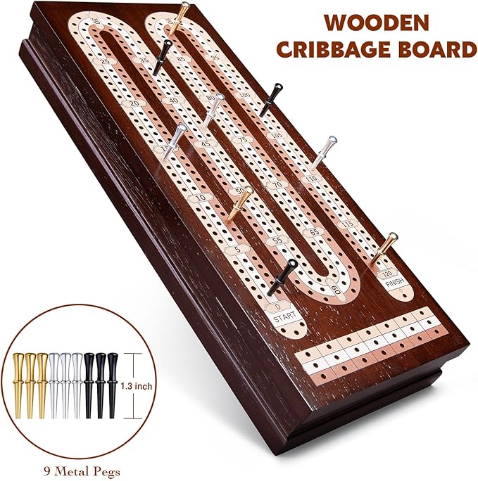 AMEROUS Wooden Cribbage Board Game Set with Magnetic Lock / 9 Metal Pegs / 2 Decks of Playing Cards/Larger Storage Area/Instruction, Classic Tabletop Game for Family (3 Track Board)