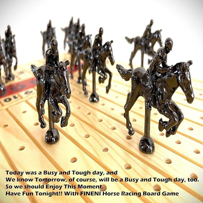 Horse Racing Game for Adults, Luxurious Metal Horses (Black) on 16' Pine Wood Board, Dice & Card Included
