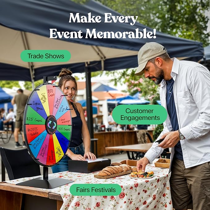 T-SIGN 24 Inch Dual Use Spinning Prize Wheel 14 Slots Color Tabletop and Floor Roulette Wheel of Fortune with Dry Erase Marker and Eraser Win The Fortune Spinner Game for Carnival Trade Show