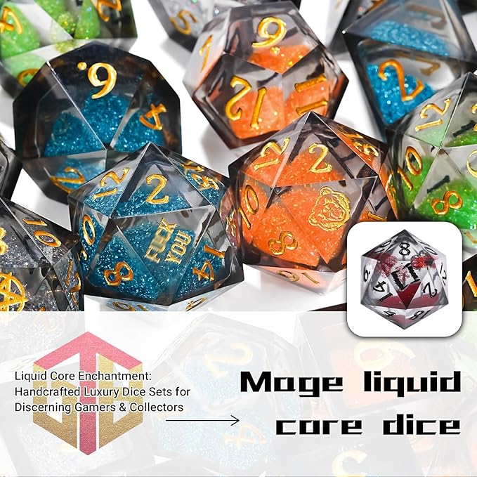 DND Dice Set - Handcrafted Liquid Core Sharp Edge 7-Die Resin Dice with Colorful Quicksand Effect,for DND, RPG, MTG, Tabletop Games(Crimson Codex)