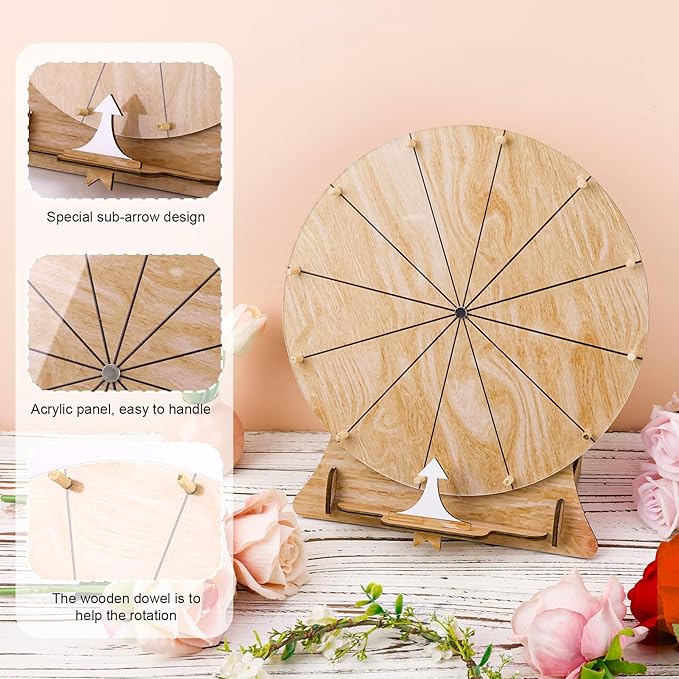 11.4 Inch Wood Wedding Game Spinning Wheel, Wooden Prize Wheel Spinner with Stand, Erasable Spin Wheel, Carnival Fortune Game Roulette Wheel, Tabletop Raffle Wheel for Wedding Engagement
