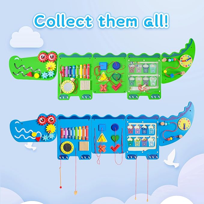 Crocodile Sensory Toys Activity Wall Panels, Educational Montessori Busy Board for Toddlers, Activity Cube - Sensory Wall, Wooden Learning Toys, Interactive Toy, Blue
