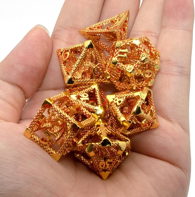 D&D Metal Dice Set - 7pc Polyhedral for Dungeons and Dragons, Role Playing, Table Games, RPG Shadowrun - Hollow Gaming Gift (Gold Red)