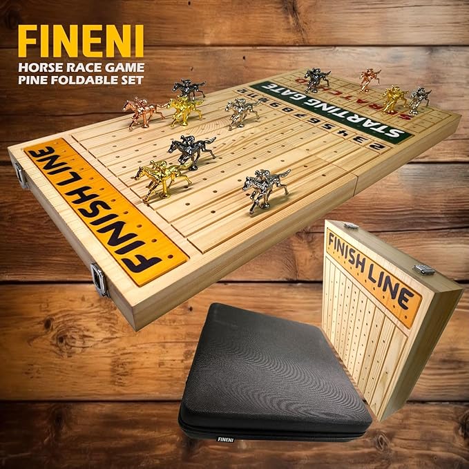 Horse Racing Game for Adults, Foldable Horse Race Board Game with 11 Luxurious Metal Horses (Gold, Silver, Black, RoseGold), 22” Pine Wood Horse Race Game Board, Dice & RoseGoldCard (Log Color)