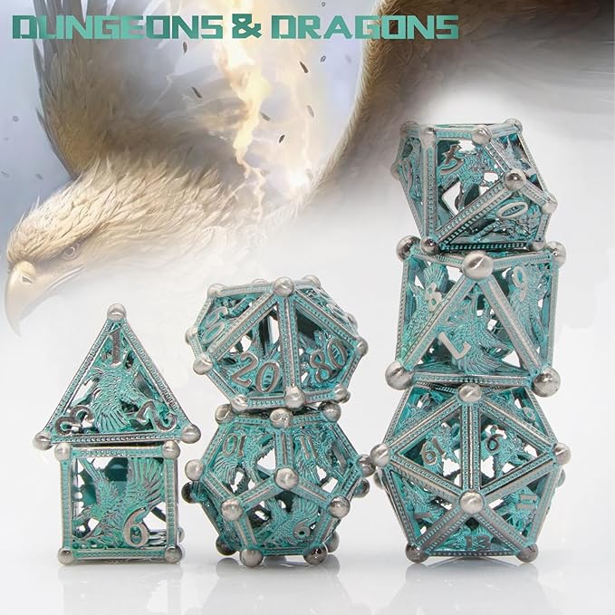 DND Dice HNCCESG Dice Set Eagle Design of 7PC,Metal Dice Hollow D&D Dice for Dungeons and Dragons, D D Gift for RPG Role Playing(Blue)