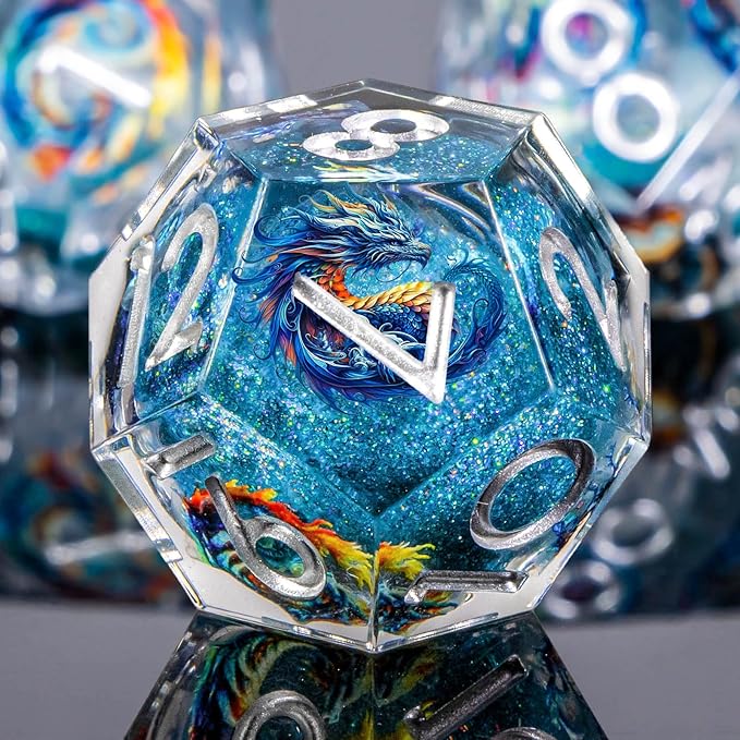 Dragon Pattern Liquid Core DND Dice Set, 7Pcs Sharp Edge D&D Dice with Gift Box, Blue Resin Dungeons Dragons D and D Role Playing Dice D20 D12 D10 D8 D6 D4