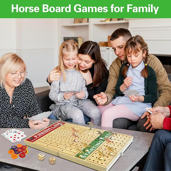 FUNNYB&G 21 inches Horse Race Board Game Foldable Large Horse Racing Game for Adults with 11 Metal Horses, Solid Wood 60 Pcs Poker Chips 2 Dice 1 Pack of Cards for Family Tabletop Parties(Log)