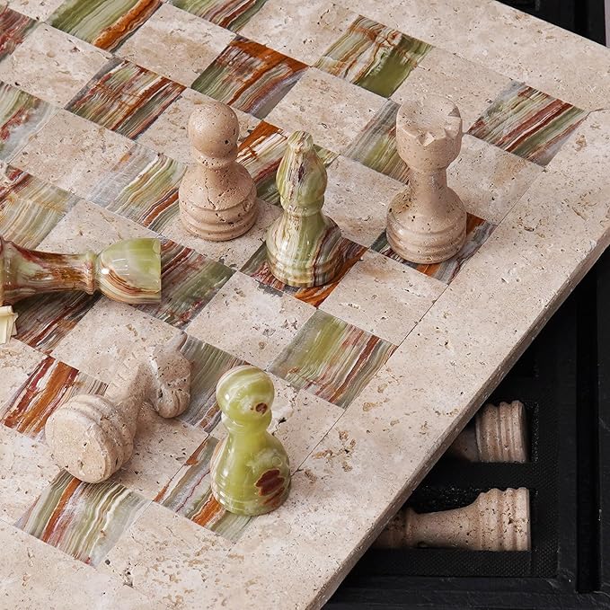 Marble Chess Set 15 Inch Travertine & Green Checkers Board Game with Pieces, 2 Extra Queens and Storage Box, Strategy Set for Adults & Family, Travel, Tabletop Play