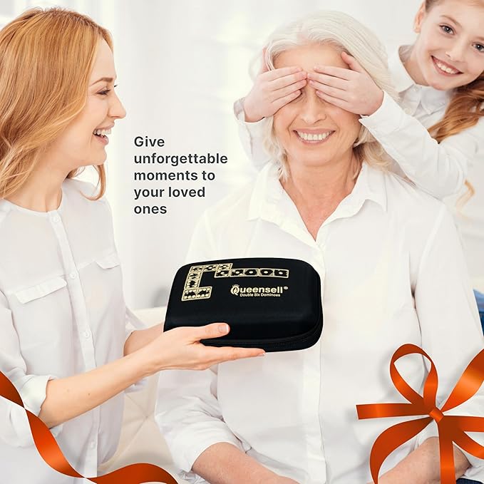 Queensell Dominos Set for Adults with 4 Domino Racks - Double 6 Dominoes Set with Domino Holder, Classic Board Games for Kids and Adults - Double Six Standard Dominos Set 28 Tiles with Travel Case