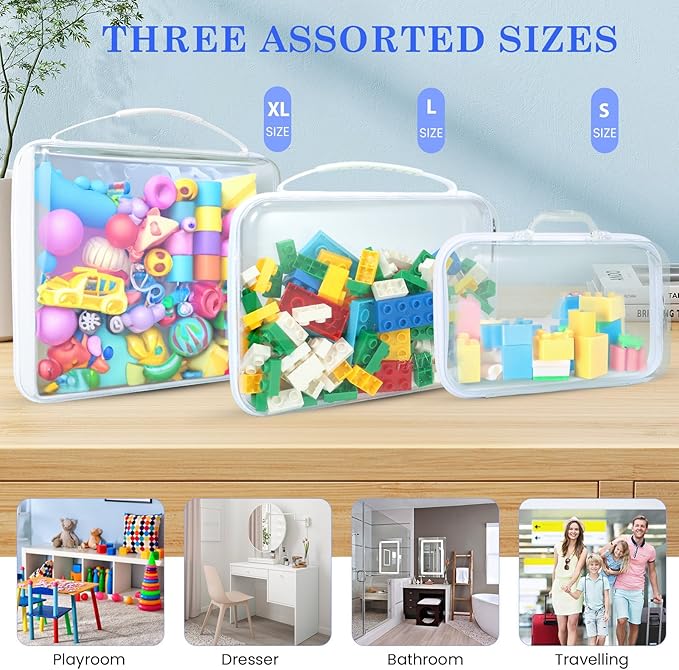 4Pack Zippered Hard Pouch, Clear Hard Shell Zipper Case, Clear Plastic Pouches Travel Bags for Kids, Storage for Building Blocks, Puzzles, Cosmetics, Crafting Supplies