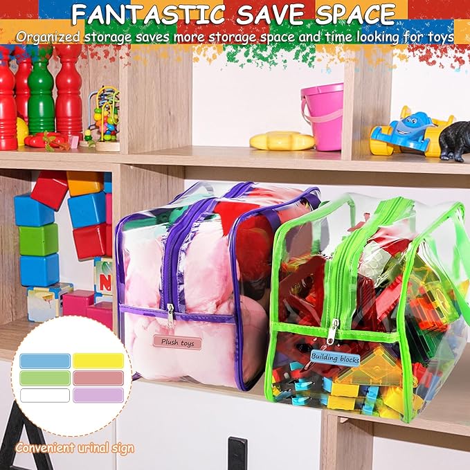 6 Colors Extra Large Toy Storage Bags 12.6×9.25×6.9In with Labels, Reusable Clear PVC Board Game Storage, Travel Waterproof Organizer Bags with Zipper for Building Blocks, Puzzle, Stuffed Animals
