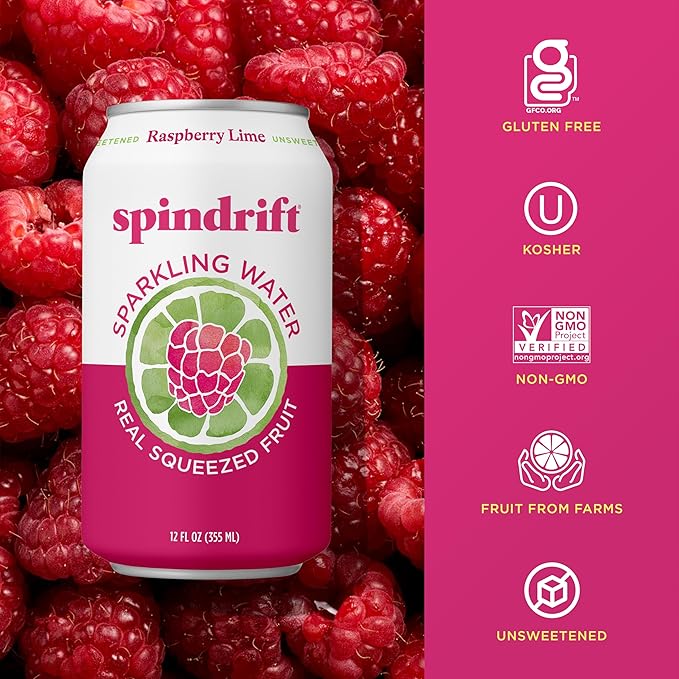 Spindrift Sparkling Water, Raspberry Lime Flavored, Made with Real Squeezed Fruit, Only 9 Calories per Can, 12 Fl Oz Cans, Pack of 24